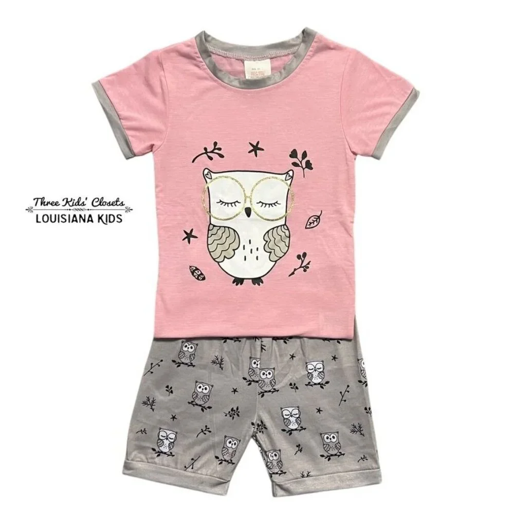 My Fav 6Y Pink & Grey Owl Short Pajamas